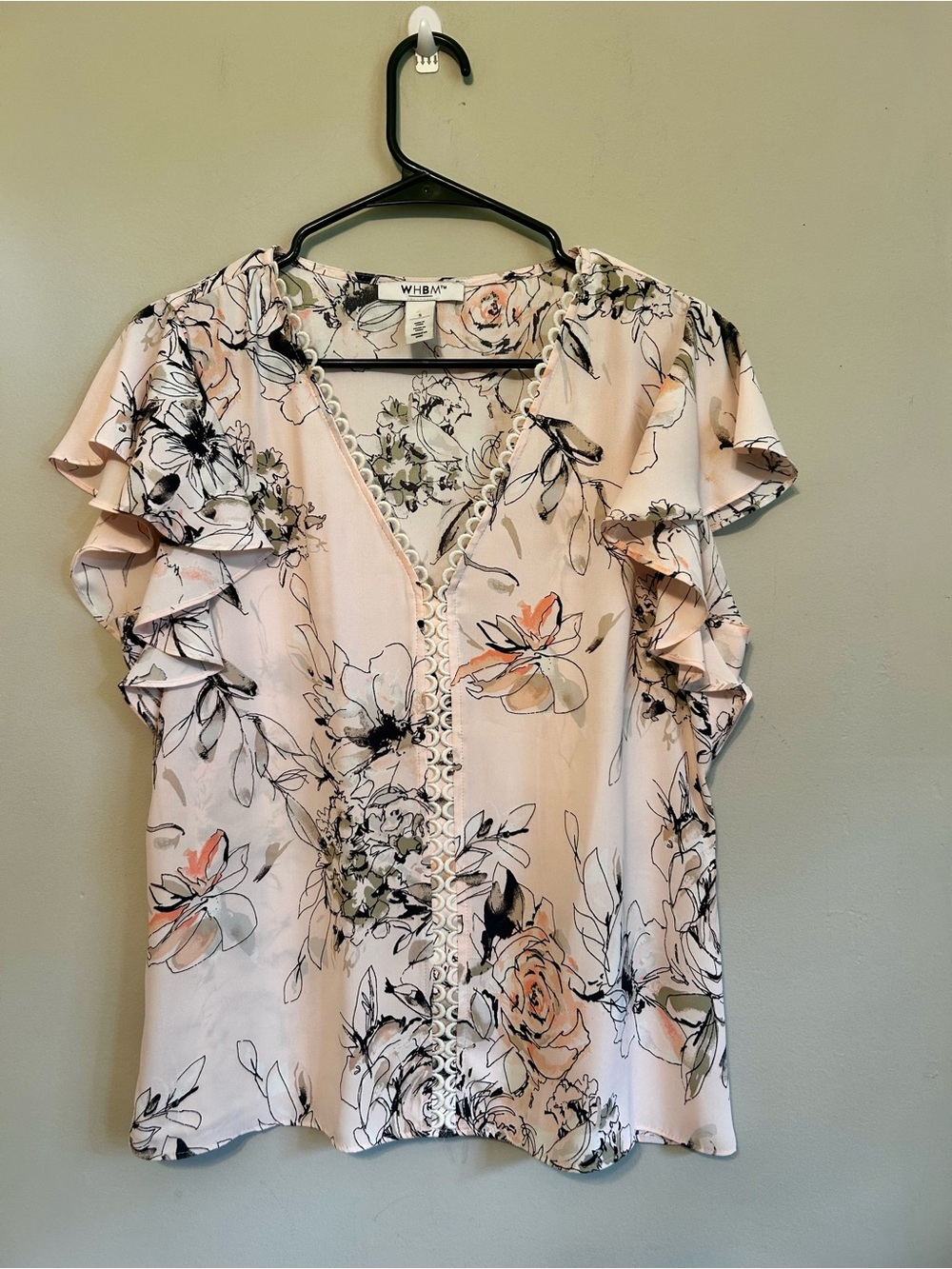 White House Black Market Blush Floral Ruffle V-Neck Top